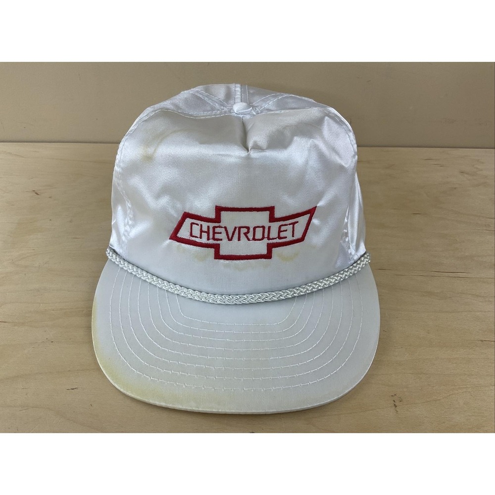 Vintage Satin Otto Cap Chevrolet Hat 90's Adjustable Rope & Zipback - White